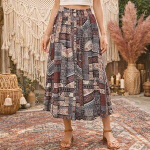 MYSTREE Boho Patchwork Print Maxi Skirt | Brown Teal Rust | Elastic Waist Button